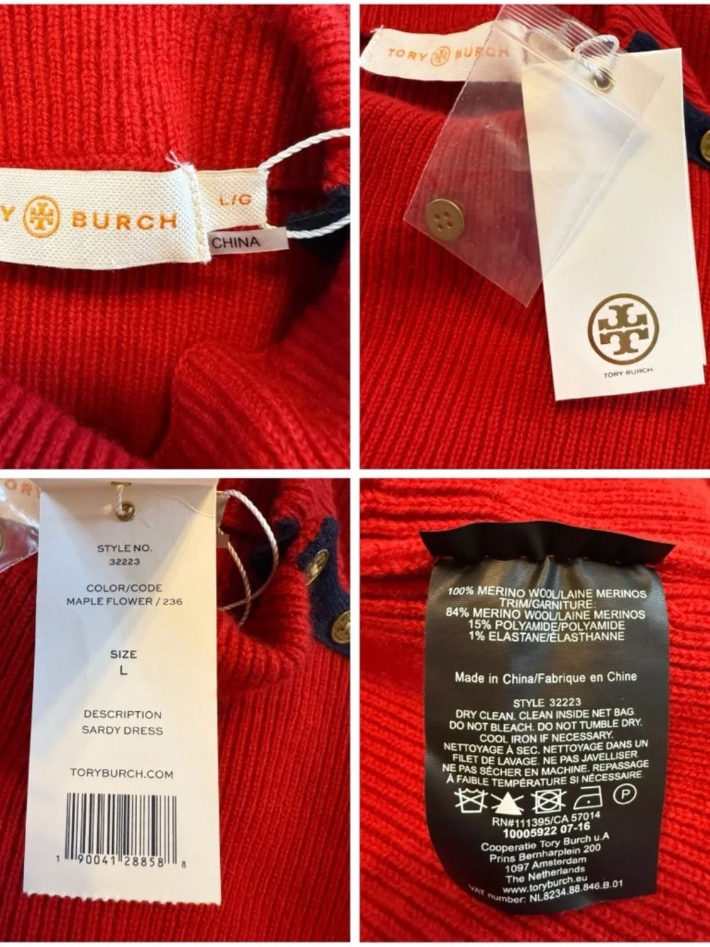 Tory Burch Sardy Red Sweater Dress Women Size L Merino Wool Stripe Mock Neck NWT